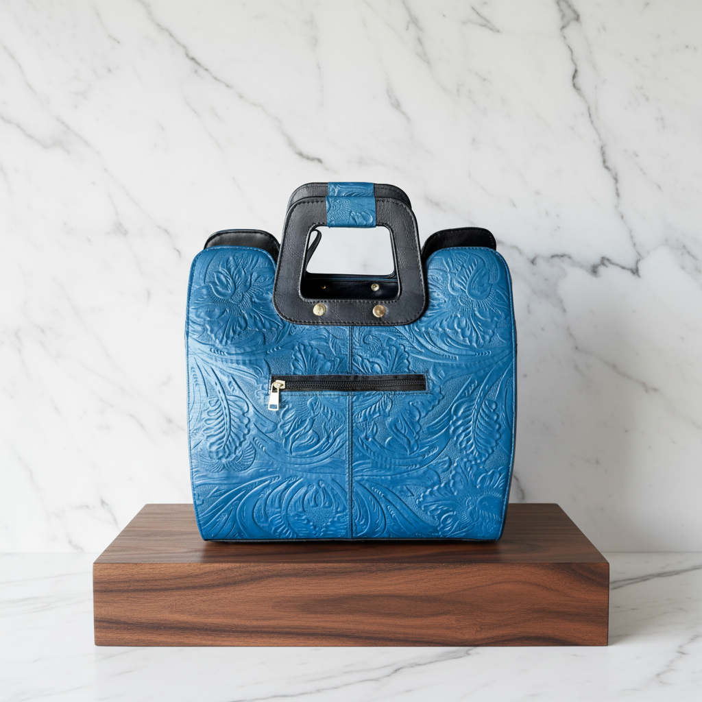 Bolsa azul stand madera mármol 1