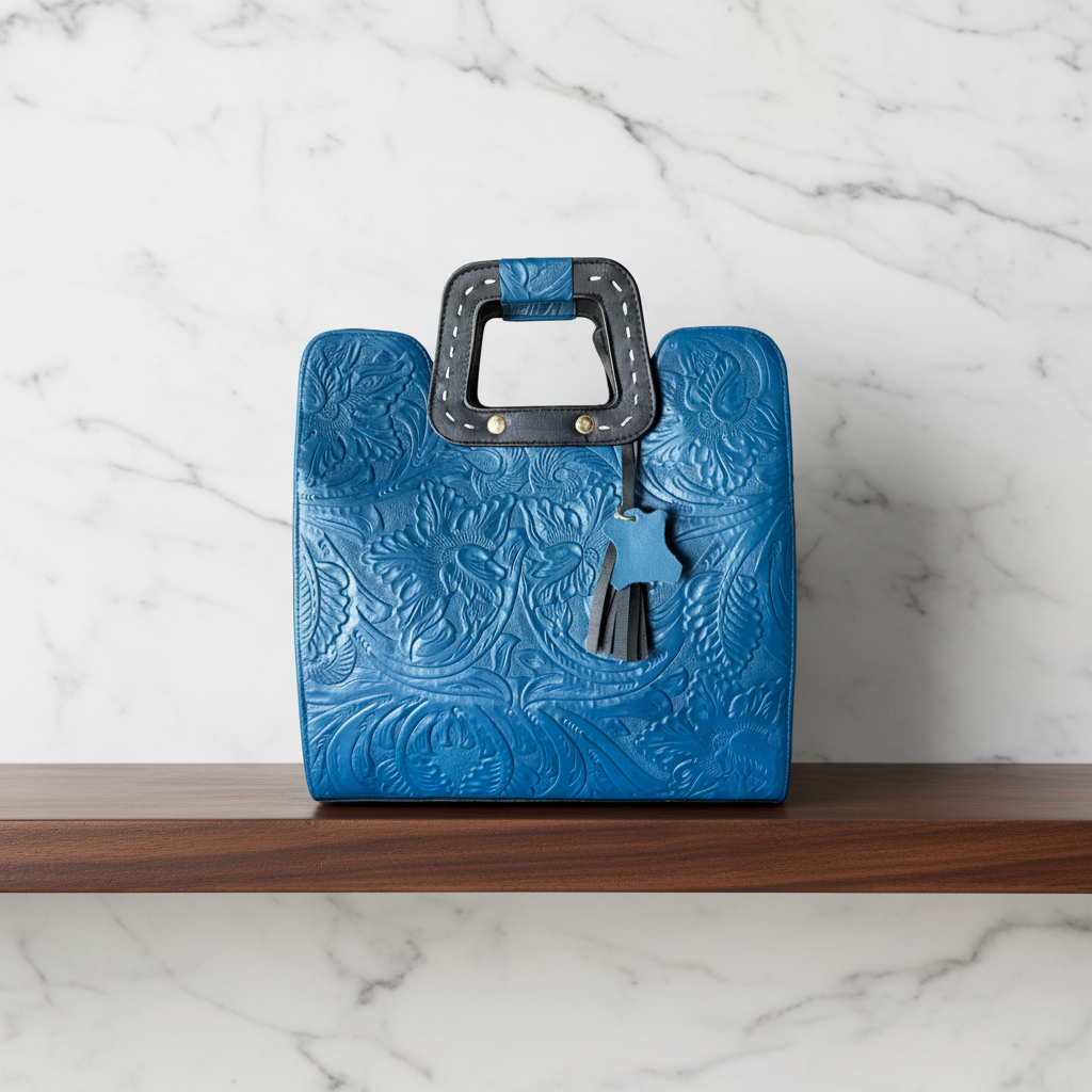 Bolsa azul stand madera mármol 2