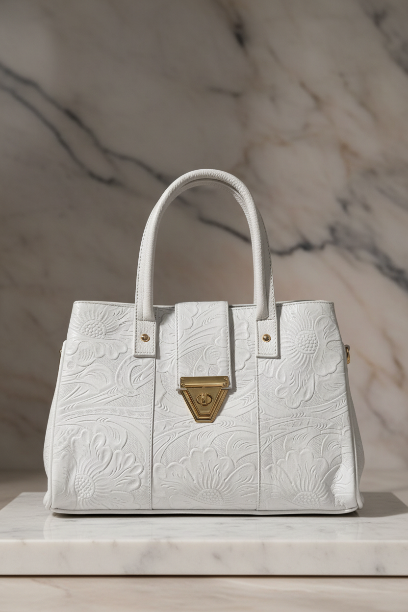 Bolsa blanca frente en mármol