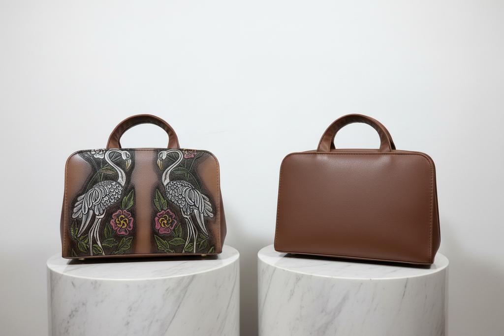 Bolsa grullas café en stands de mármol
