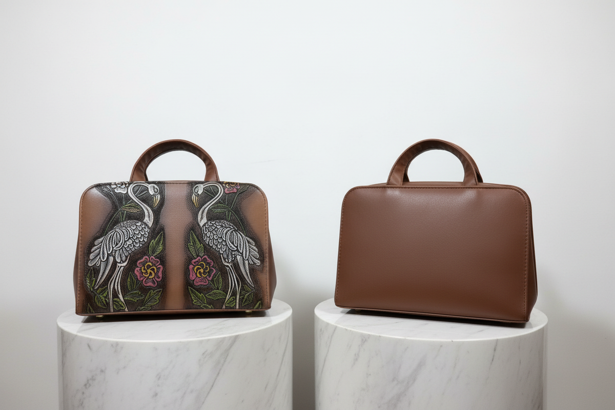 Bolsa grullas café en stands de mármol