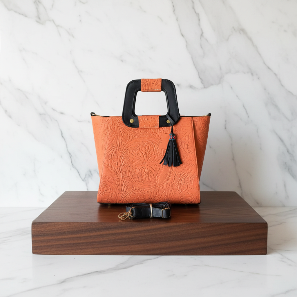 Bolsa naranja frontal stand mármol