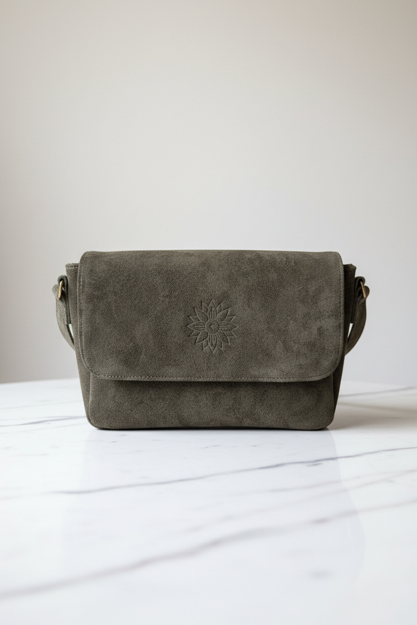 Bolsa olivo de frente en mármol blanco