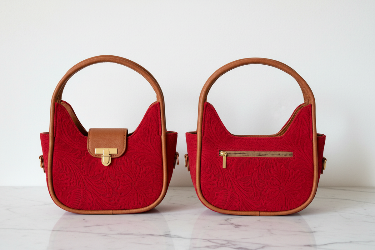 Bolsa roja - frente y atrás con mármol blanco