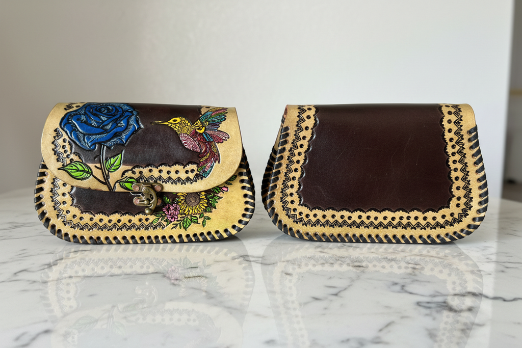 Bolsa rosa azul colibrí - frente y atrás