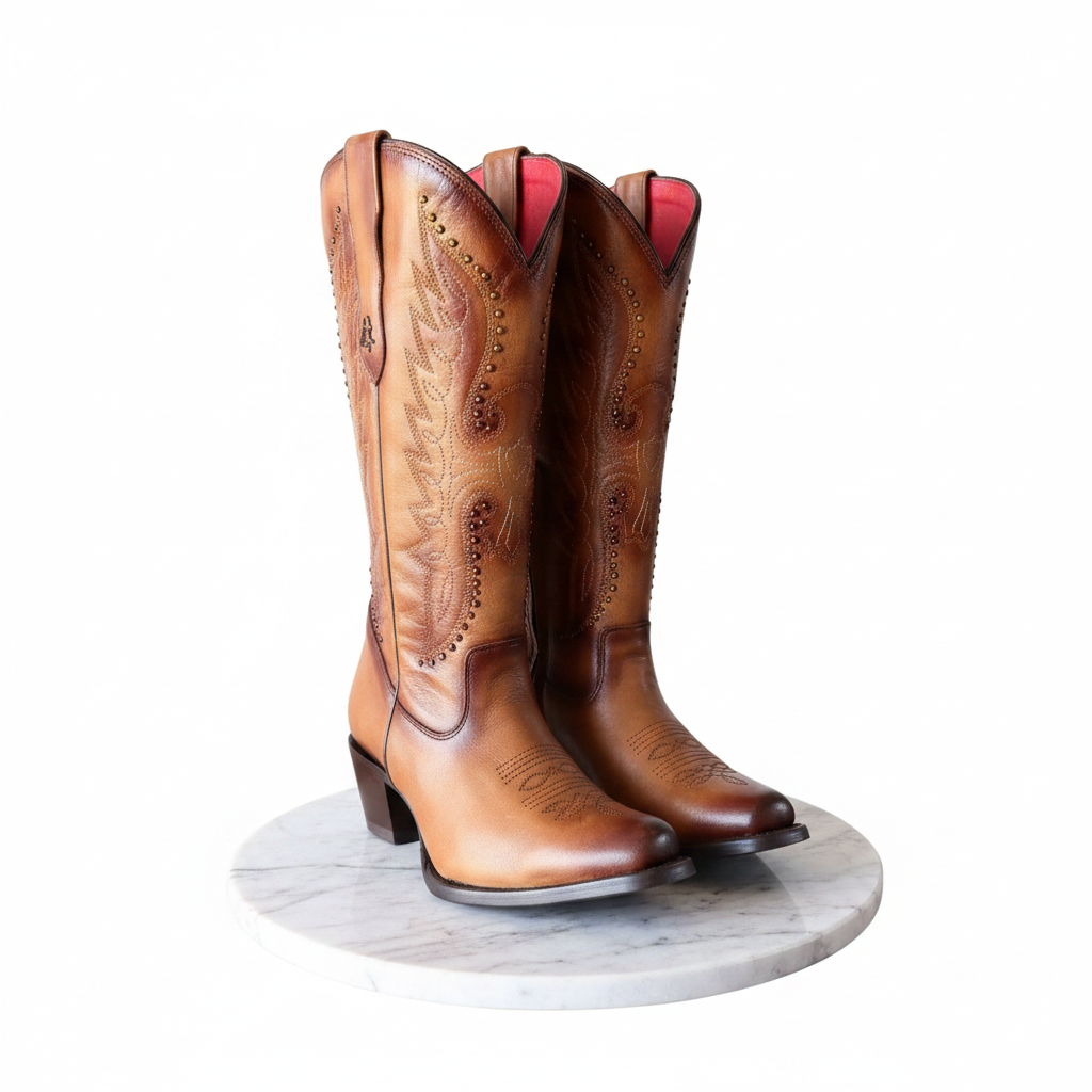 Camel Boots Front Bright on Marble