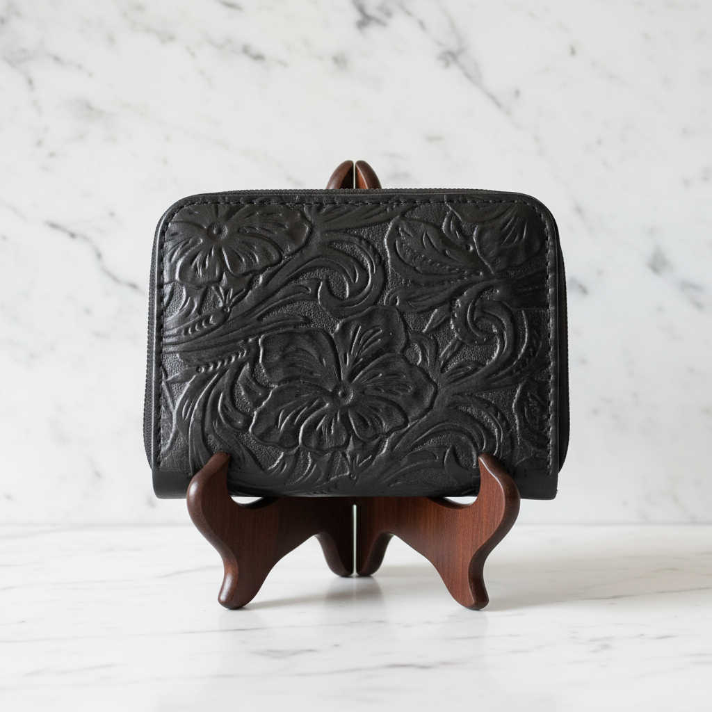 Cartera negra stand mármol 1