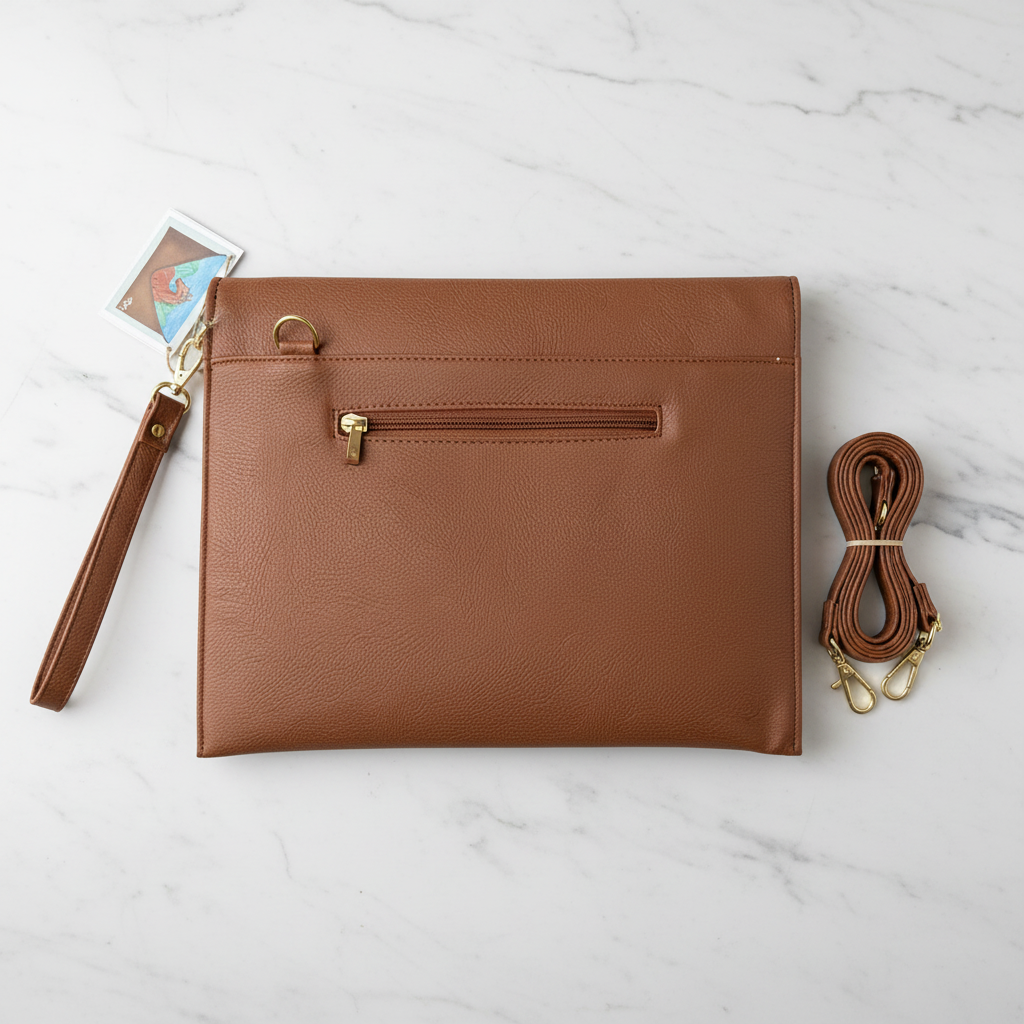 Clutch alazán trasera en mármol blanco