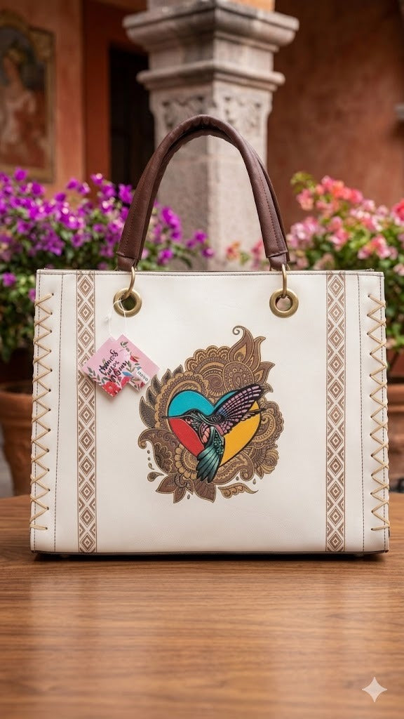 Hand-Painted Leather Tote – Hummingbird Edition