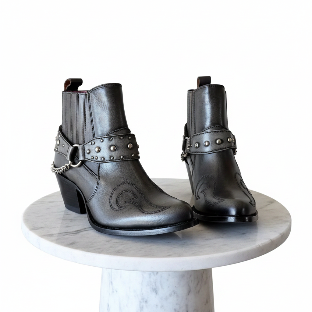 Gray Boots Front on Marble