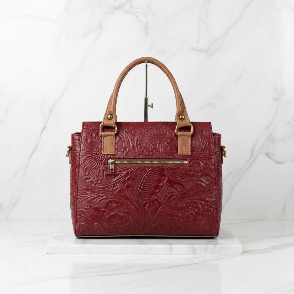 Colibrí — Hand-Tooled Floral Leather Satchel in Burgundy | Bolsa de Piel Genuina Tallada a Mano