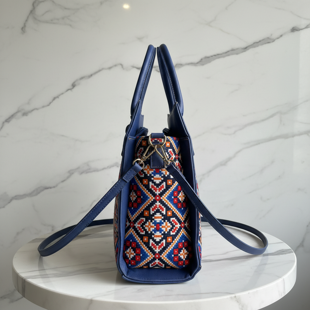 Bolso Tote Artesanal con Grabado Floral y Franja Geométrica
