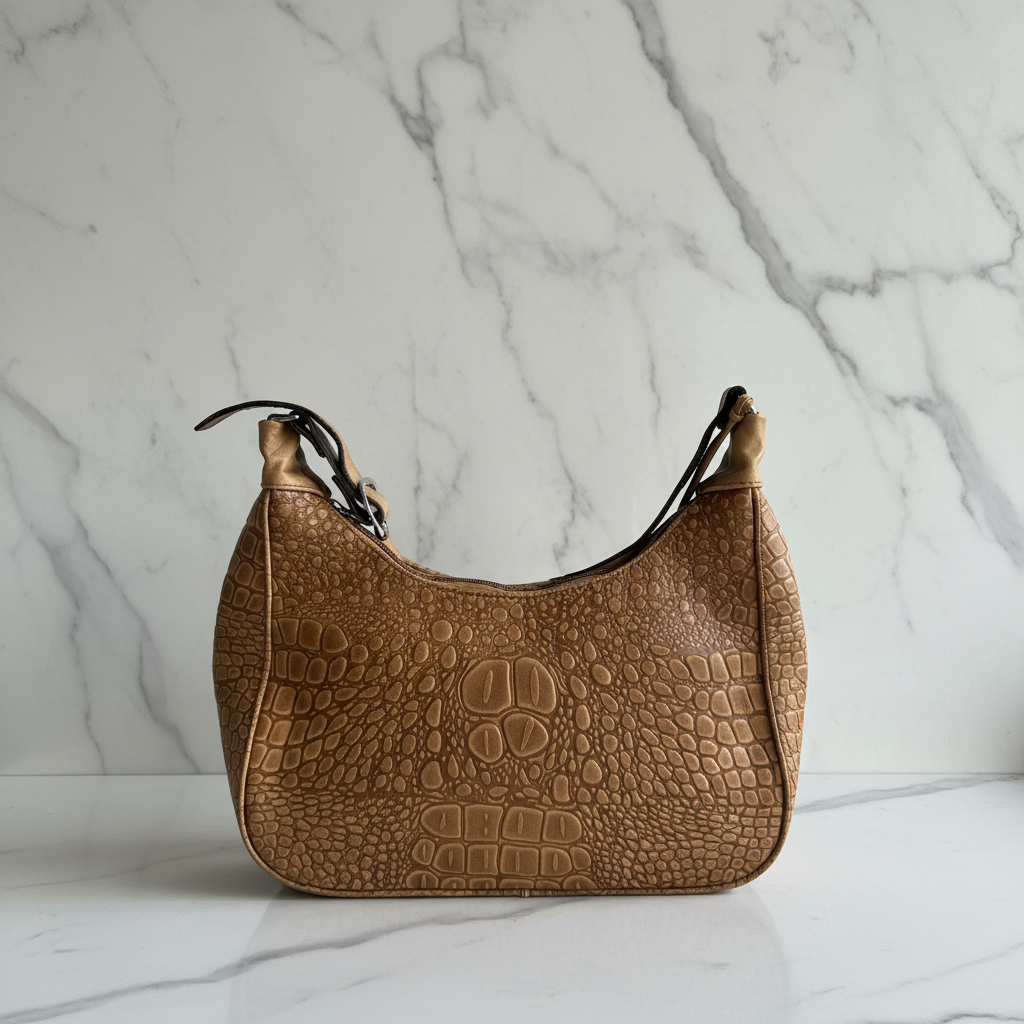 Bolsa "Hobo" Beige con Grabado de Cocodrilo y Perfil Cóncavo