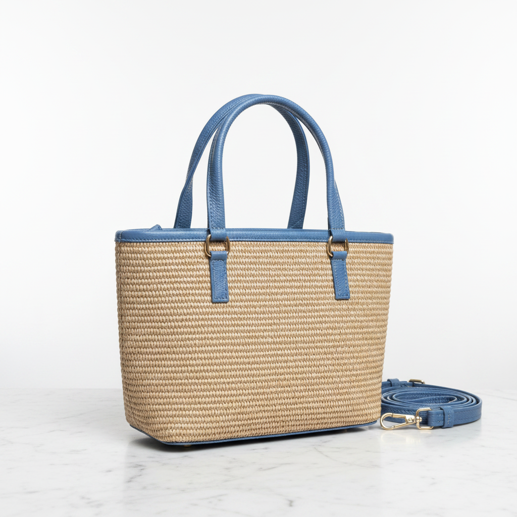 Natural Raffia Tote — Woven & Leather Trim | Bolsa Tote de Rafia Natural — Tejida con Ribete de Piel