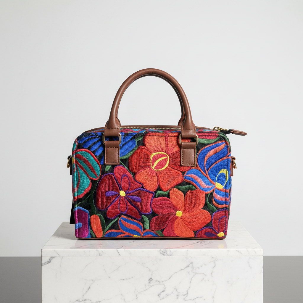 Bolsa Rectangular de Cuero Vegetal con Telar Chiapaneco