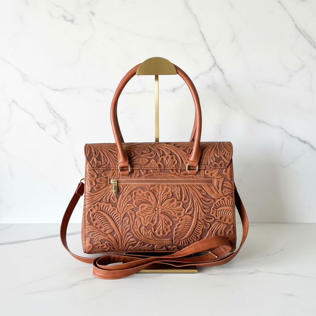 Western Floral Tote — Hand-Tooled Leather | Chestnut Brown