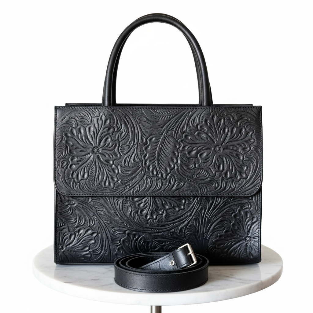 Bolsa Rectangular Negra con Triple Organización y Cincelado