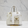 Luna — White & Gold Hand-Tooled Leather Handbag with Tassel | Bolsa de Piel Blanca con Tallado Floral