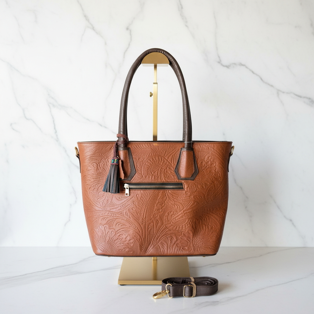 Leather Bag with Two Compartments and Floral Embroidery