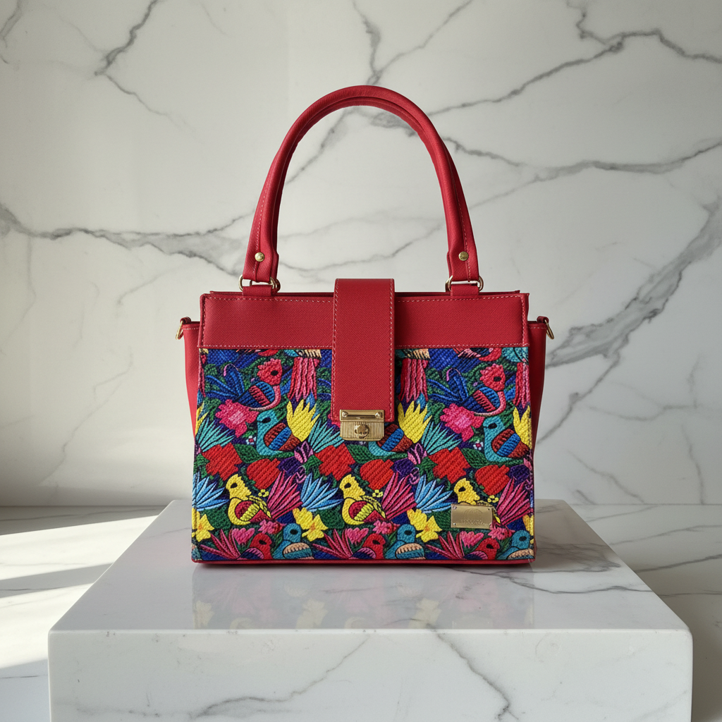 Bolso Rojo de Mano con Bordado de Aves y Flores