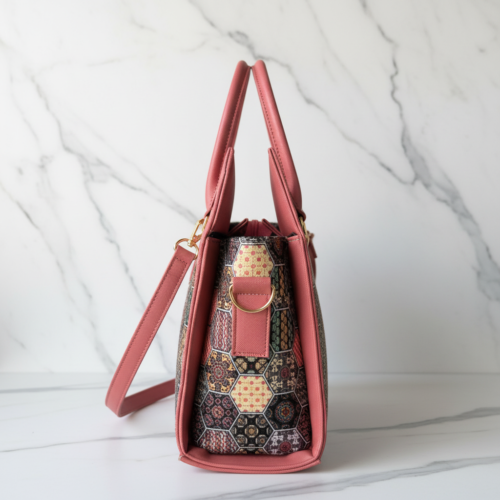 Bolso Tote Artesanal con Grabado Floral y Franja Geométrica