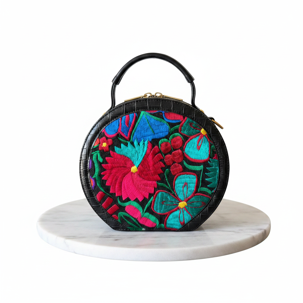 Handcrafted Round Leather Bag with Chiapaneca Embroidery | Bolsa Redonda de Piel con Bordado Chiapaneco