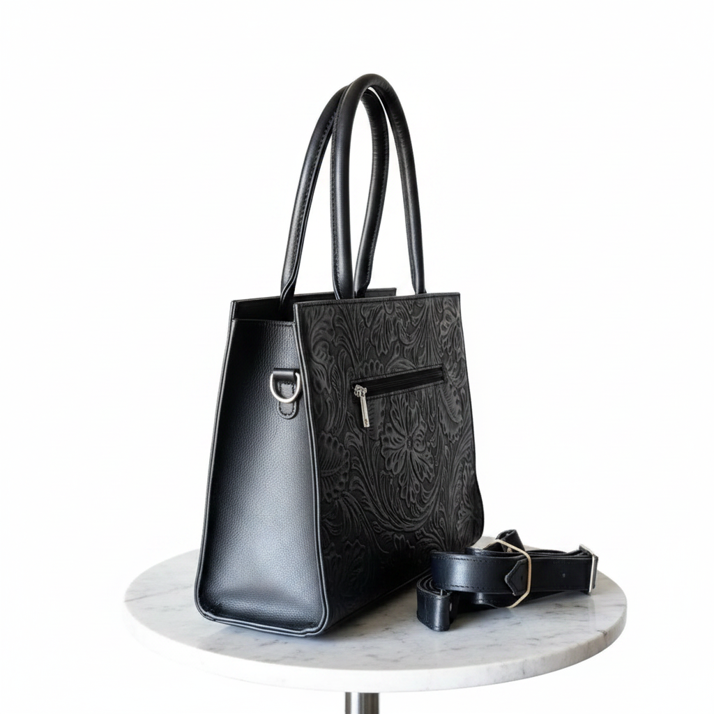 Bolsa Rectangular Negra con Triple Organización y Cincelado