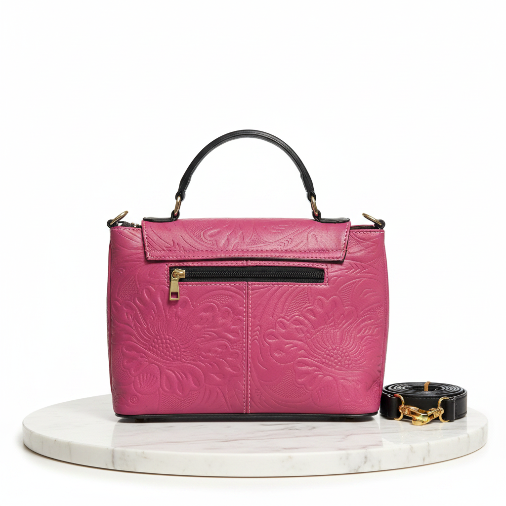 Chiseled Leather Bag — Floral Embossed with Protected Base | Bolsa de Piel Cincelada — Grabado Floral con Base Protegida