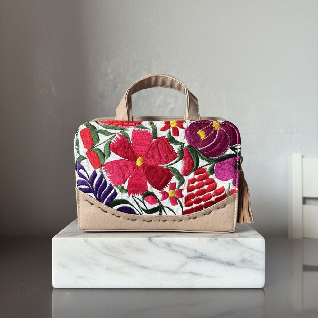 Bolsa Rectangular de Cuero Vegetal con Telar Chiapaneco