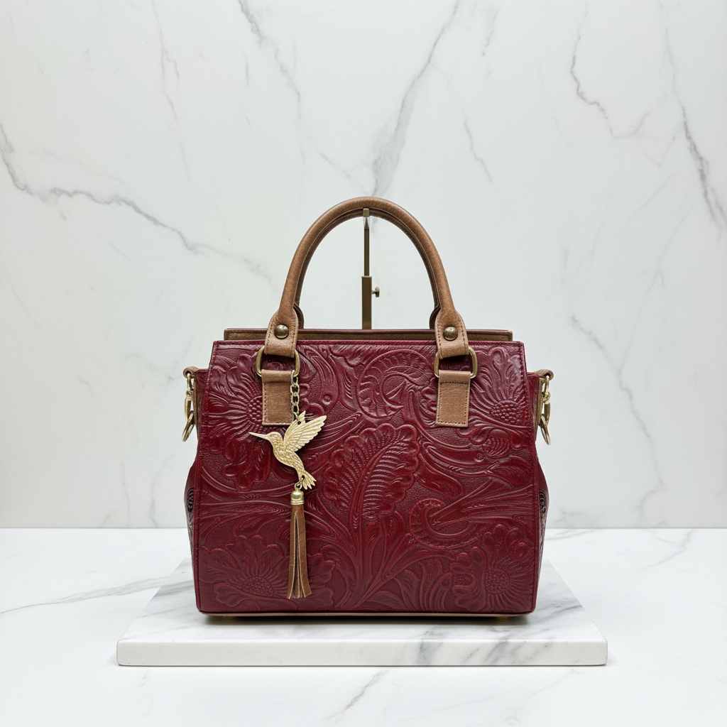 Colibrí — Hand-Tooled Floral Leather Satchel in Burgundy | Bolsa de Piel Genuina Tallada a Mano