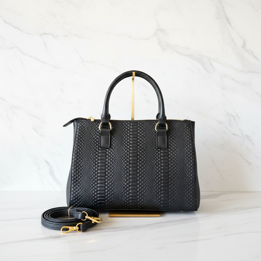 Bolsa Rectangular de Piel Negra - Panel Cincelado