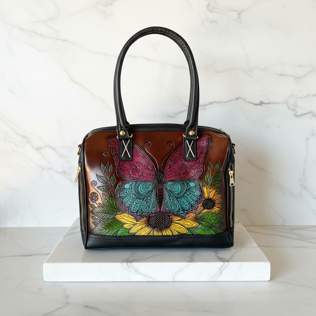 Monarca — Hand-Tooled & Painted Butterfly Leather Bag | Bolsa de Piel con Mariposa Pintada a Mano