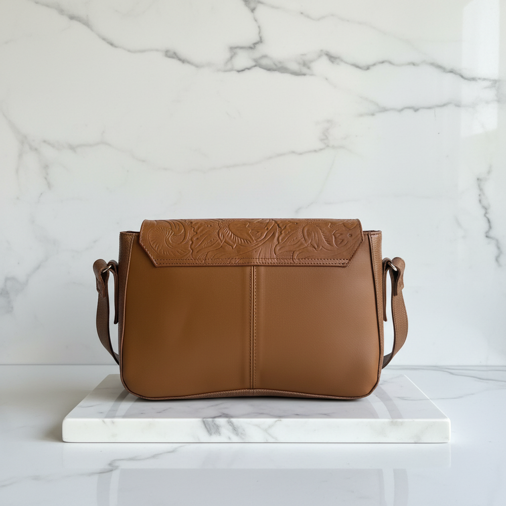 Hand-Tooled Leather Satchel — Chiseled Floral Design | Bolsa de Piel Tallada Artesanal