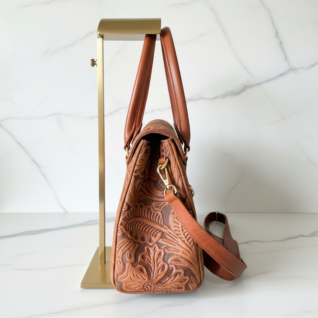 Western Floral Tote — Hand-Tooled Leather | Chestnut Brown