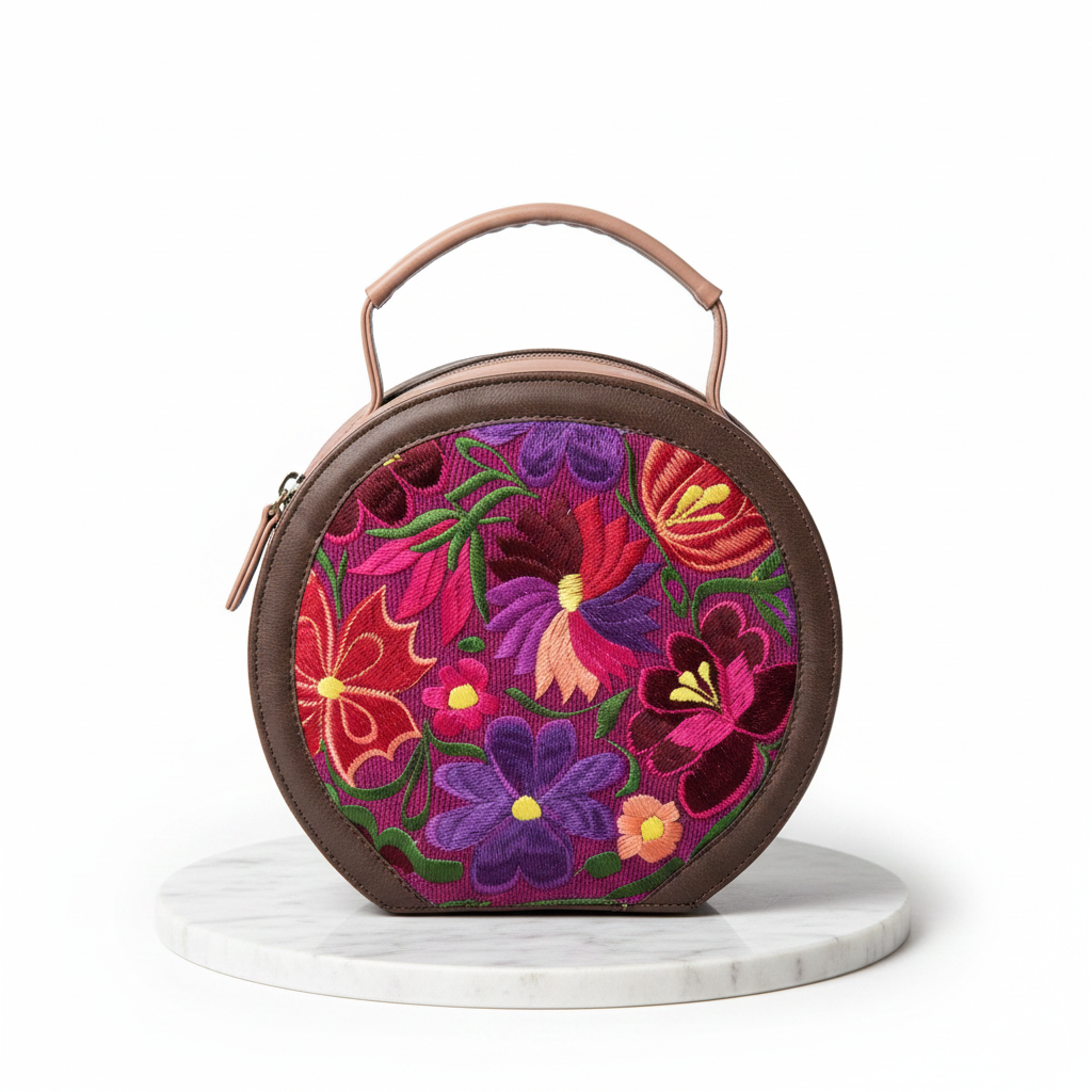 Handcrafted Round Leather Bag with Chiapaneca Embroidery | Bolsa Redonda de Piel con Bordado Chiapaneco