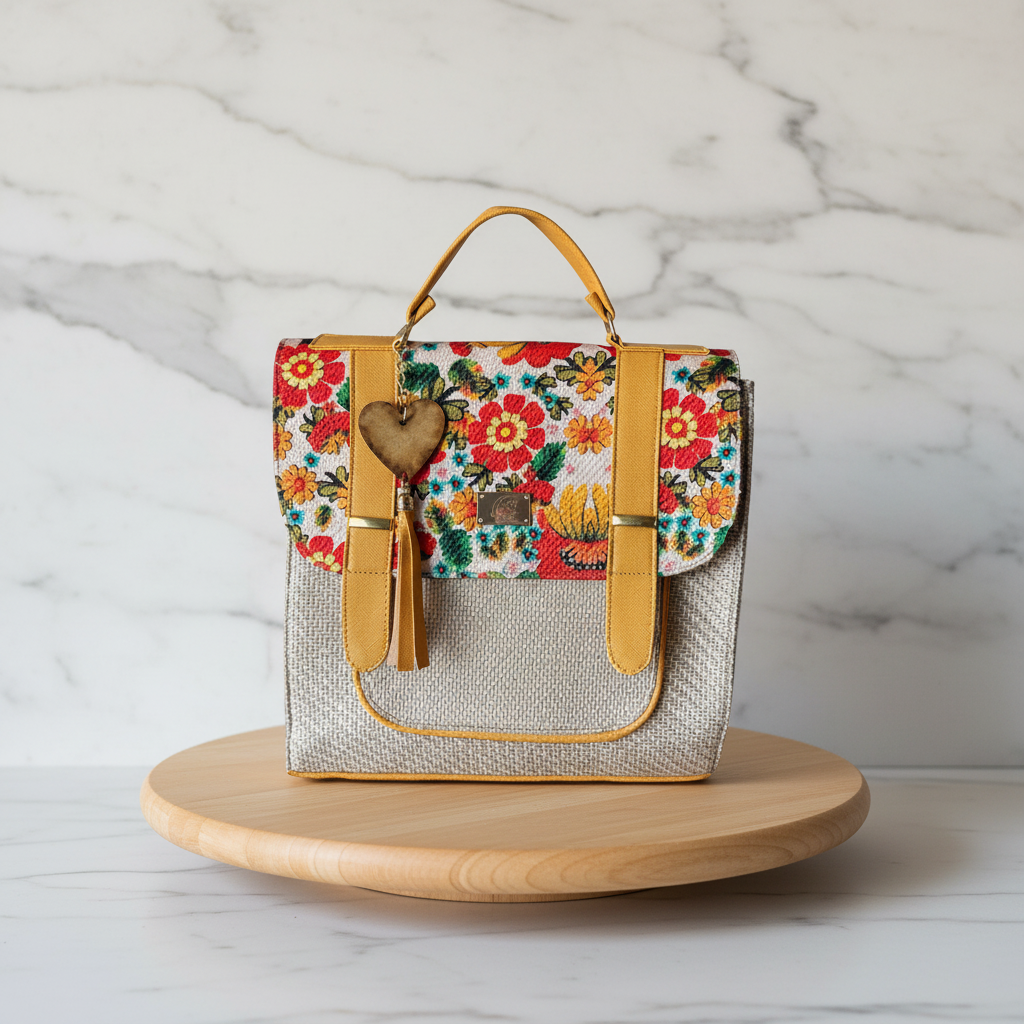 Jute Backpack Mostaza - Mármol Stand Madera