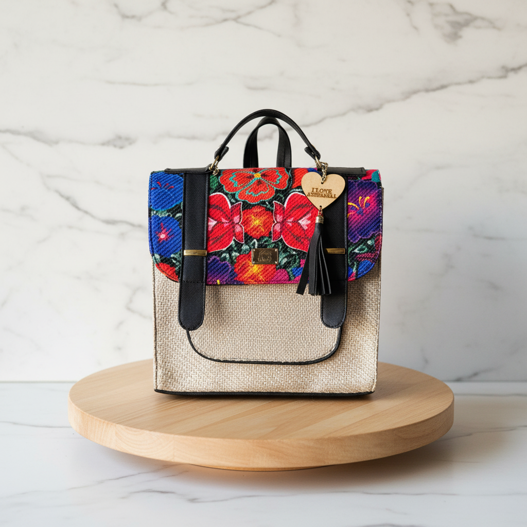 Jute Backpack Negra - Mármol Stand Madera